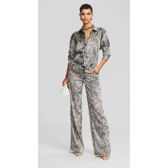 Retrofete Verona Silk Pant in Black Acid Denim Size Small NWT Wide Leg - Picture 1 of 11